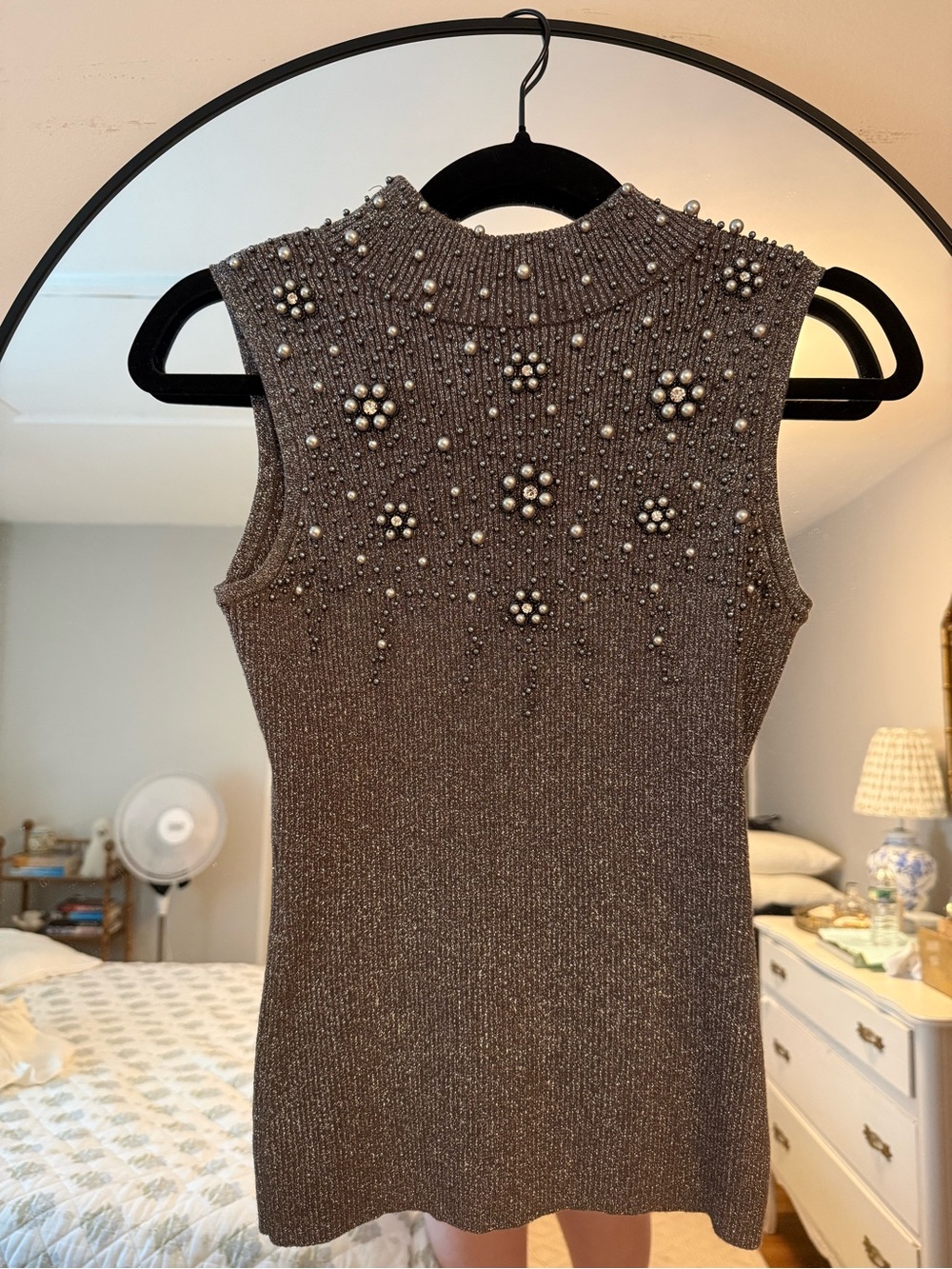 Vintage Cache Sleeveless Beaded Metallic Silver Knit Top